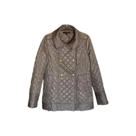 Via Spiga Gray Puffer Jacket Gold Buttons Women’s Large NWOT - Picture 2 of 12